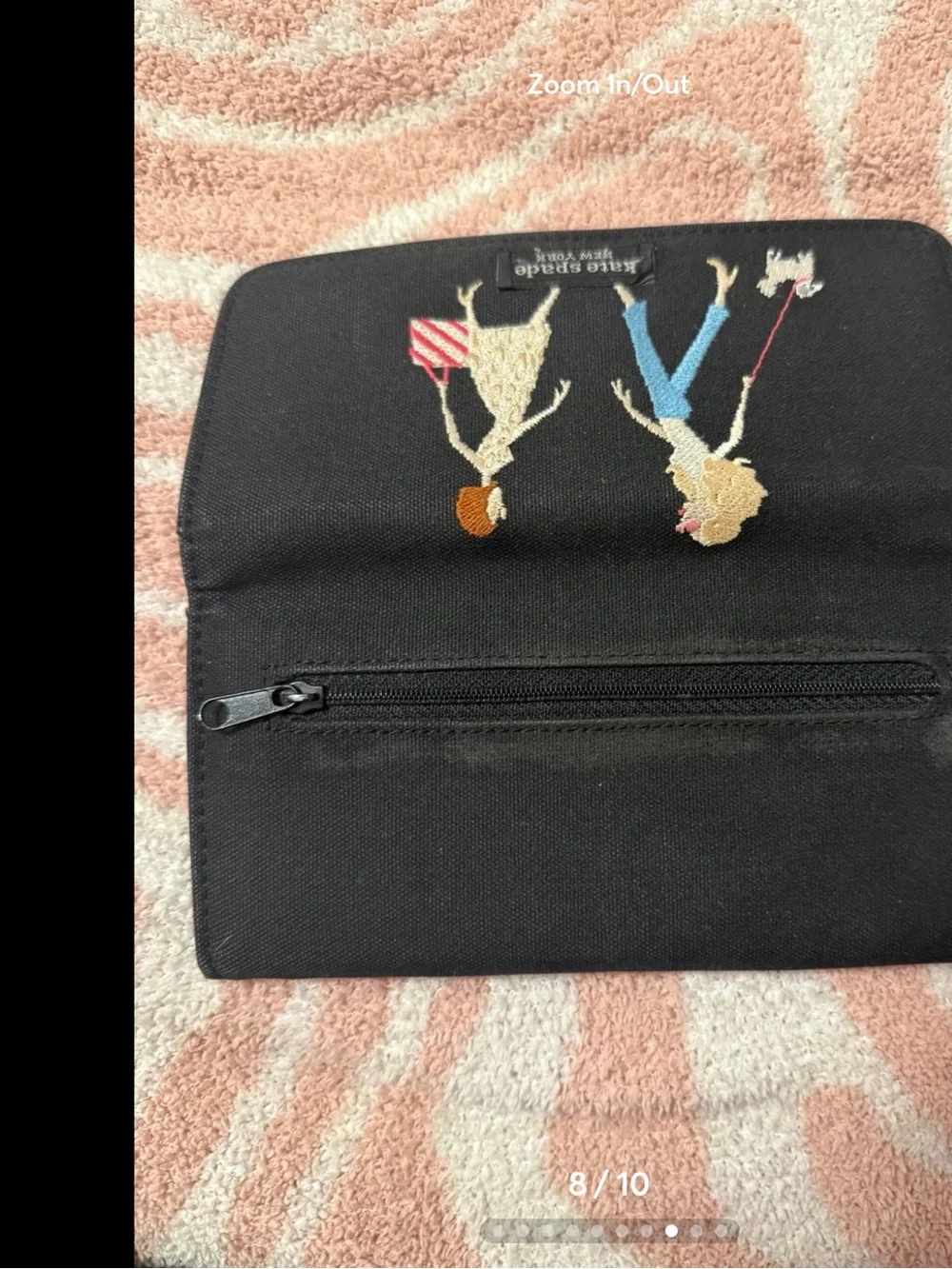 Kate Spade Rare Black Embroidered Women & Dog Card Holder with Pink Striped Tote